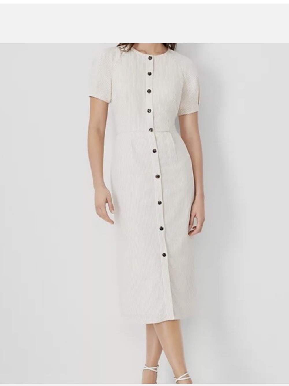 Ann Taylor Petite Striped Button-Front Top in Beige and White